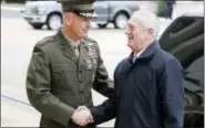  ?? ALEX BRANDON — THE ASSOCIATED PRESS FILE ?? Joint Chiefs Chairman Gen. Joseph Dunford greets Defense Secretary Jimn Mattis at the Pentagon.