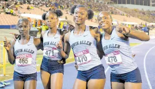  ?? ?? Members of the Edwin Allen High quartet who won the girls’ 4x400 metres open final at the February 24 Gibson McCook Relays. From left: TonyAnn Beckford, Shanique Cassanova, Kellyann Carr and Natasha Fox out of Trinidad and Tobago.