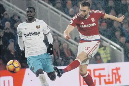  ??  ?? Boro defender Calum Chambers fires in an effort in Saturday’s defeat to West Ham. Picture by Tom Collins