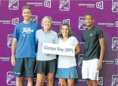  ??  ?? TEAM TO BEAT: Cape Town club Camps Bay will be defending their title at the Growthpoin­t Top Guns tennis national finals at Sun City this weekend. The players are, from left, Jacob de Klerk, Sally Estcourt, Jody Claasen and Jocqui Boyd