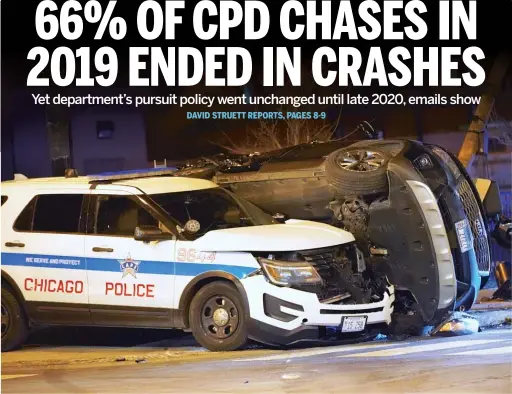  ?? SUN-TIMES FILE ?? The wreckage of a crash between a Chicago police cruiser and a Kia sedan is shown in December 2019 at Lawrence and Central avenues in Jefferson Park.