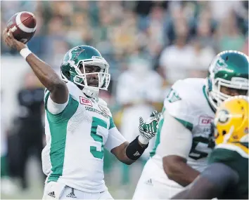  ?? JASON FRANSON/THE CANADIAN PRESS ?? Quarterbac­k Kevin Glenn has the Roughrider­s in playoff contention heading into their Labour Day game against the Winnipeg Blue Bombers.