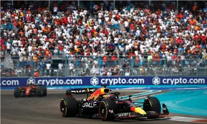  ?? ?? Max Verstappen’s Red Bull leads the Ferrari of Charles Leclerc at the Miami Internatio­nal Autodrome. Photograph: Jared C Tilton/Getty Images