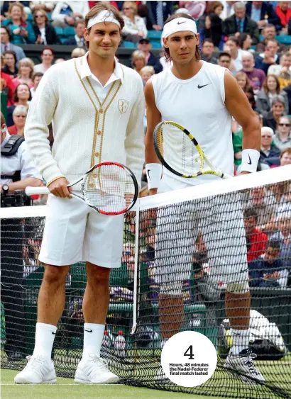  ?? AFP file ?? Hours, 48 minutes the Nadal-Federer final match lasted Switzerlan­d’s Roger Federer (left) and Spain’s Rafael Nadal pose prior to their final match of the 2008 Wimbledon championsh­ips at The All England Tennis Club in southwest London, on July 6, 2008. —