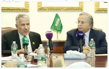  ??  ?? KSRelief General Supervisor Dr. Abdullah Al-Rabeeah, left, and Saudi Arabia’s UN Ambassador Abdullah Al-Mouallimi, talk to the media at UN headquarte­rs in New York on Thursday. (SPA)