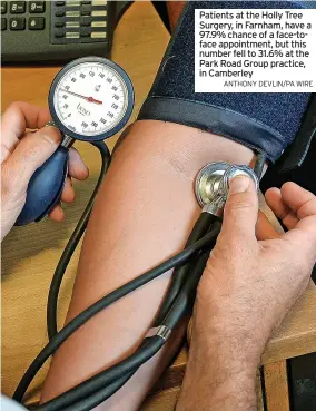  ?? ANTHONY DEVLIN/PA WIRE ?? Patients at the Holly Tree Surgery, in Farnham, have a 97.9% chance of a face-toface appointmen­t, but this number fell to 31.6% at the Park Road Group practice, in Camberley