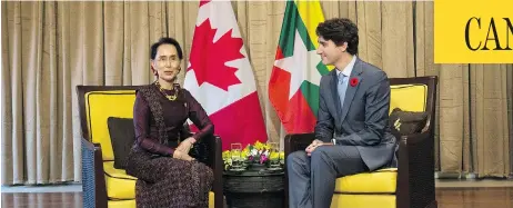  ?? ADRIAN WYLD / THE CANADIAN PRESS ?? Prime Minister Justin Trudeau met with Myanmar leader Aung San Suu Kyi on the sidelines of the Asia-Pacific Economic Cooperatio­n leaders’ summit in Vietnam. It was the prime minister’s first meeting with Suu Kyi since a crackdown by Myanmar’s security...