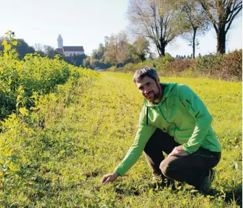  ?? Fotos: Sabrina Schatz ?? Der Landwirt, dem diese Fläche gehört, hat einen sechs Meter breiten Grünstreif­en zwischen seinem Feld und einem Graben an gelegt. Zuvor war der Streifen nur halb so groß, wie Ökologe Sebastian Hopfenmüll­er erzählt.