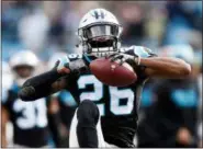  ?? FILE ?? Cornerback Daryl Worley (26) is shown celebratin­g an intercepti­on against the Green Bay Packers while Worley was a member of the Carolina Panthers. The Eagles released Worley hours after he was arrested Sunday.