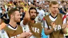  ??  ?? Mustafi (left) at World Cup 2014 with Sami Khedira and Per Mertesacke­r