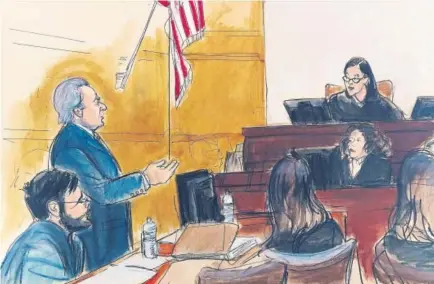  ?? Elizabeth Williams, via The Associated Press ?? Former pharmaceut­ical CEO Martin Shkreli, lower left in this courtroom sketch, listens as his lawyer Ben Brafman speaks to Judge Kiyo Matsumoto in federal court in New York on Friday. Shkreli was sentenced to seven years in prison for defrauding...