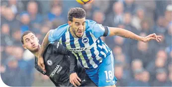  ??  ?? Connor Goldson gets the better of Eden Hazard last season