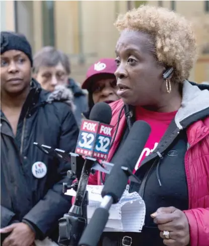  ?? SUN- TIMES FILES ?? Bobbie Brown, chair of Harper High School’s Local School Council, spoke out against a planned board vote in February to close Englewood’s four neighborho­od high schools.