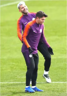  ??  ?? A file photo of Manchester City’s Sergio Aguero and Brahim Diaz (front)during training. — Reuters photo