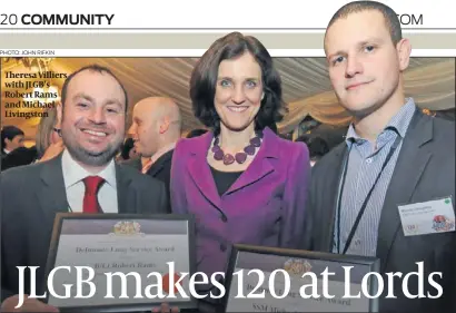  ?? PHOTO: JOHN RIFKIN ?? Theresa Villiers with JLGB’s Robert Rams and Michael Livingston