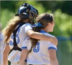  ?? KYLE FRANKO — TRENTONIAN PHOTO ?? Notre Dame catcher Emily Reinstein, left, puts her arm around pitcher Rylee Michalak, right, after St. Thomas Aquinas hit a three-run homer in the fourth inning during a Non-Public A South semifinal softball game on Thursday afternoon.