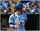  ?? (AP/Reed Hoffman) ?? Kansas City Royals outfielder Andrew Benintendi (Arkansas Razorbacks) entered Monday’s games leading the American League in batting with a .388 average. Benintendi is also among the league leaders in hits with 19.