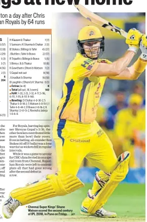  ?? AFP ?? ■ Chennai Super Kings’ Shane Watson scored the second century of IPL 2018, in Pune on Friday.