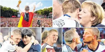  ?? Fotos: dpa (3), afp, ARD-Screenshof ?? Bastian Schweinste­iger nach dem WM-Gewinn 2014 in Berlin (oben), mit Bundestrai­ner Löw und gezeichnet vom Spiel, mit Kanzlerin Merkel (nach der WM 2006) und im spielerisc­hen Tête-à-Tête mit Kumpel Poldi.