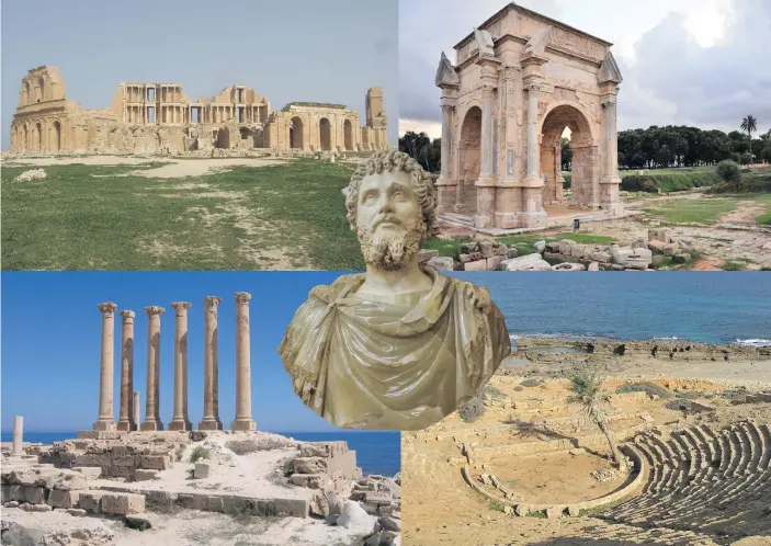  ?? Photos: Flickr ?? Clockwise from top left: Sabratha was founded in the 6th century BCE by the Phoenician­s; explore Roman antiquity in Leptis Magna; the ancient Apollonia theatre in Cyrene (now Shahat); the archaeolog­ical delights of Sabratha. Centre bust: During the 18 years of his rule, Roman emperor Septimius Severus lavished his favours on Tripolitan­ia (northern Libya).