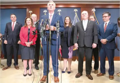  ?? Associated Press ?? Kevin Mccarthy speaks during a news conference with members of the House Republican leadership after voting on top House Republican leadership positions, on Capitol Hill in Washington.