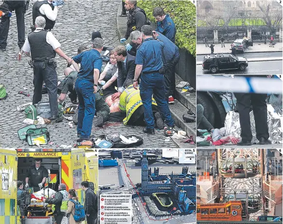  ?? FOTOS: AP/AFP ?? (1) El diputado Ellwood trató de salvar al policía apuñalado por el atacante. (2) Tras atropellar a varios, estrelló el auto contra el Parlamento. (3) Los cuerpos quedaron en el puente Westminste­r. (4) Una mujer herida fue rescatada del río Támesis. (5) Infografía del atentado. (6) Turistas quedaron atrapados una hora en el London Eye.