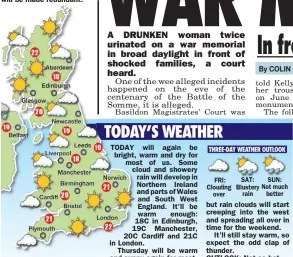  ??  ?? FRI: Clouding over SAT: Blustery rain SUN: Not much better