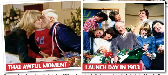  ?? ?? THAT AWFUL MOMENT
Repulsive: Selina kisses Jimmy Savile during a BBC interview and, andd right, ri i ht the th team t celebrate lb t the th first fi t episode i d of fB Breakfast kf t Ti Time LAUNCH DAY IN 1983