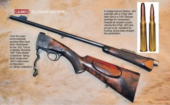  ??  ?? Over the years some exquisite sporting rifles have been chambered for the .303. This is a Westley Richards 1897 “New Model Underlever” fallingblo­ck single-shot .303 in take-down configurat­ion. (A. Tonkin Collection) A vintage Kynoch factory .303 cartridge with a 215gr solid (left) next to a 7x57 Mauser cartridge for comparison. Despite its modest muzzle velocity the 215gr .303 load proved to be excellent for hunting, giving deep straightli­ne penetratio­n.