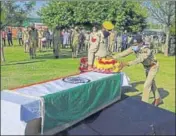  ?? HT PHOTO ?? The wreath laying ceremony of Indian Reserve Police head constable Anoop Singh, 48, who was killed in the terror attack in Pulwama on Thursday.