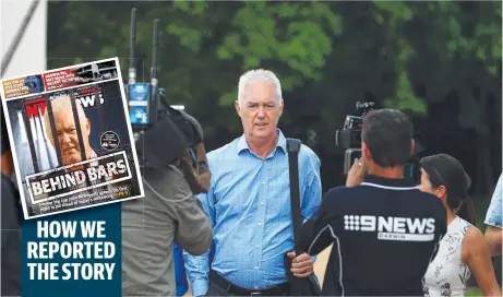  ?? Picture: JUSTIN KENNEDY ?? Ex-NT Police Commission­er John McRoberts during his trial and, top left, how the NT News saw it