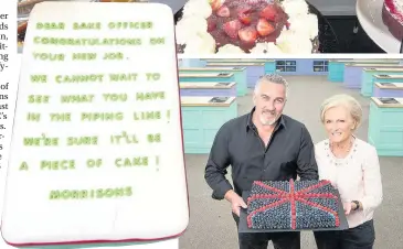  ??  ?? Anastasia Duncanson, a buyer for Morrisons, received a special cake, far left. She will buy what is shown on the hit show featuring judges Paul Hollywood and Mary Berry