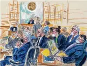  ?? DANA VERKOUTERE­N VIA AP ?? This artist sketch depicts the trial of Oath Keepers leader Stewart Rhodes and four others charged with seditious conspiracy in the Jan. 6, 2021. Shown above are, witness John Zimmerman, who was part of the Oath Keepers’ North Carolina Chapter, seated in the witness stand, defendant Thomas Caldwell, of Berryville, Va., seated front row left, Oath Keepers leader Stewart Rhodes (seated second left with an eye patch), defendants Jessica Watkins (seated third from right) Kelly Meggs (seated second from right) and Kenneth Harrelson (seated right). Assistant U.S. Attorney Kathryn Rakoczy is in blue standing at right before U.S. District Judge Amit Mehta.