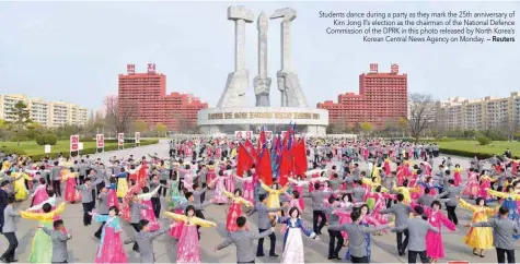  ??  ?? Students dance during a party as they mark the 25th anniversar­y of Kim Jong Il’s election as the chairman of the National Defence Commission of the DPRK in this photo released by North Korea’s Korean Central News Agency on Monday. — Reuters