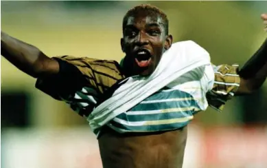  ?? Photos: Soccerladu­ma/File ?? One for the books…Benni McCarthy celebrates scoring against Namibia in 1998.