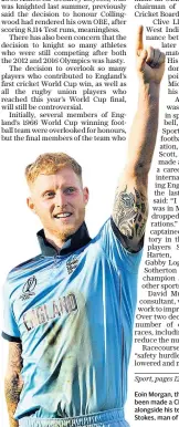  ??  ?? Eoin Morgan, the England captain who has been made a CBE, lifts the World Cup alongside his team-mates. Left, Ben Stokes, man of the match in the final