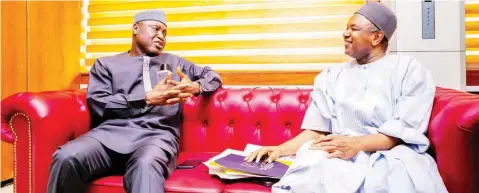  ?? ?? Ekiti State Governor, Biodun Oyebanji ( left) and Minister for Budget and National Planning, Atiku Bagudu, during a visit by the governor to the minister in Abuja… at the weekend.