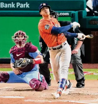  ?? Jon Shapley/Staff photograph­er ?? Jeremy Peña, who had a home run and two RBIs in Game 5, said Friday the Astros were “just trying to stay grounded” after returning home with a 3-2 lead.