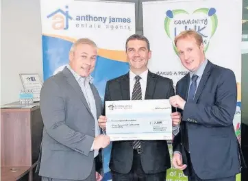  ?? Southport Visiter editor Andrew Brown, left; Anthony James estate agents owner Mark Cunningham; and Ramada Plaza Hotel general manager and CLF chairman Enda Rylands with the sponsorshi­p for the Community Link Foundation darts event Graham Moreton of Tarle ??