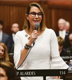  ?? Brian A. Pounds / Hearst Connecticu­t Media file photo ?? Former CT House Minority Leader Themis Klarides, R-Derby, speaks during opening session of the state legislatur­e in Hartford in 2020. She is now a Madison resident seeking the Republican nomination for U.S. Senate as an abortion rights supporter.