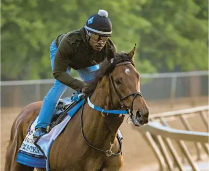  ?? JERRY JACKSON/BALTIMORE SUN ?? Preakness favorite Epicenter works out on the Pimlico track Thursday morning in preparatio­n for Saturday’s Preakness Stakes.