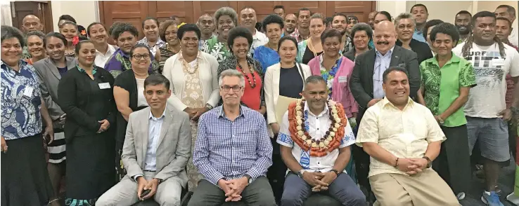  ?? Photo: Selita Bolanavanu­a. ?? Minister Faiyaz Koya (garlanded) with Participan­ts and guests at the Tourism capacity building workshop at Tanoa Plaza Hotel, Suva, on August 07, 2017.