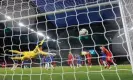  ?? Photograph: Tom Jenkins/The Guardian ?? Djordje Petrovic is unable to stop Virgil van Dijk’s late header at Wembley.