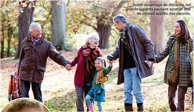  ??  ?? Ayant davantage de distance, les grands-parents peuvent avoir un rôle de conseil auprès des parents.