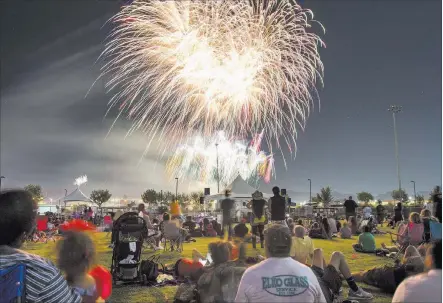  ?? Richard Brian ?? Las Vegas Review-journal People watch fireworks explode Tuesday during Fourth of July festivitie­s at Heritage Park in Henderson. More photos on