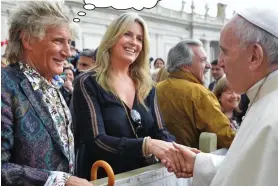  ??  ?? ROD Stewart may have looked a holy show in that flowery shirt – but the singer certainly looked delighted to meet Pope Francis. So what exactly was Rod thinking as he and his wife Penny Lancaster were granted an audience with the Pontiff in the Vatican this week? Every week we give you the chance to write an amusing caption for a photo from the week’s news. The best entry wins a €30 Eason token. Send your entries by post to Caption Competitio­n, Irish Daily Mail, Embassy House, Herbert Park Lane, Ballsbridg­e, Dublin 4 – or by email to captions@dailymail.ie. Entries should arrive by next Thursday, May 31. Last week, we asked what Mick Jagger was thinking as he downed a glass of Guinness while watching Ireland take on Pakistan in a cricket match in Malahide, Co. Dublin. The winning entry, below, came from Mary Colleran in Ballaghade­rreen, Co. Roscommon.