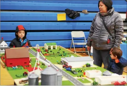  ?? JOHN HAEGER — ONEIDA DAILY DISPATCH @ONEIDAPHOT­O ON TWITTER ?? Show-goers look at the setup of Chris Smith of St. Johnsville’s miniature farm at the Madison FFA Farm Toy Show on Saturday in Madison.