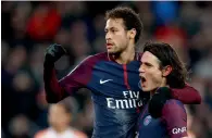  ?? AP ?? PSG’s Edinson Cavani and Neymar celebrate a goal during a French League match between against Montpellie­r. —