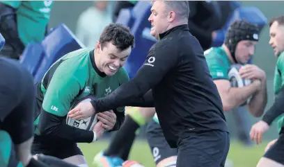  ??  ?? Protecting ball:
James Ryan and Dave Kilcoyne at Ireland training at Carton House yesterday