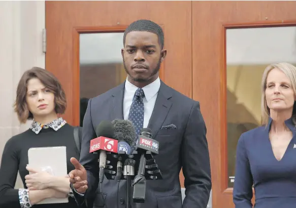  ?? — FOX BROADCASTI­NG CO. ?? Conor Leslie, left, Stephan James and Helen Hunt star in a scene from the television show, Shots Fired. James’s star is on the rise as he plays the leading man in this new series after undertakin­g a series of prestigiou­s film roles.